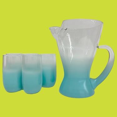 Vintage Blendo Pitcher and Glasses Retro 1960s Mid Century Modern + Blue Ombre + Clear Glass + 6 Piece + West Virginia Glass Comp + Barware 