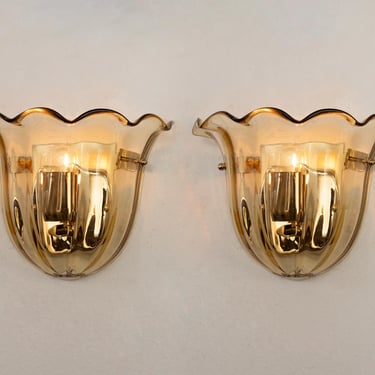Set of 2 Murano glass wall lamps, amber glass color, pair of wall sconces Made in Italy 