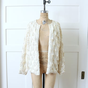 volup vintage 1950s - early 1960s fully sequined cardigan • ivory wool beaded sweater 