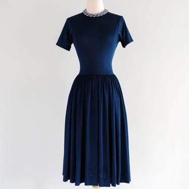 Vintage 1970's Navy Blue Jersey Dress by Donald Brooks / M