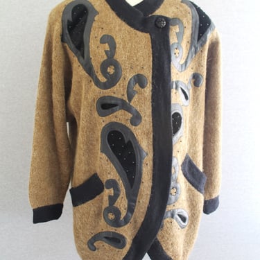 1980's - Mohair Sweater - Cardigan - Brown/Black - Leather - Paisley - by Jalev - Estimated L/XL - Pair with black leggings 