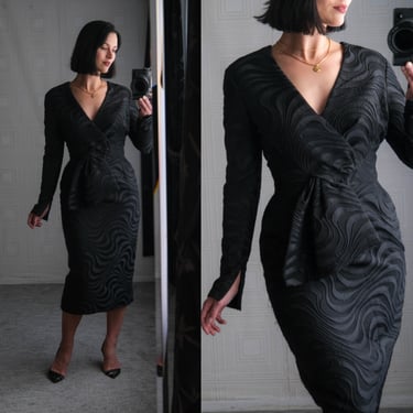 Vintage ISAAC MIZRAHI New York Black Embroidered Ribbon Swirl Hourglass Bow Waist Dress | 100% Silk Lined | Y2K 2000s MIZRAHI Designer Dress 