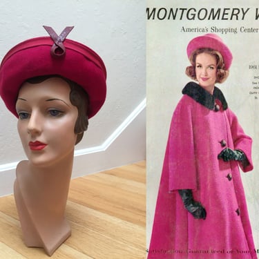 Tickled She Was - Vintage Early 1960s Magenta Cerise Pink Wool Breton Hat Upturn Brim 