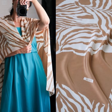 Vintage 80s BILL BLASS Golden Tan & Ivory Zebra Print Hand Rolled Silk Scarf | 100% Silk | 42x42 | 1980s Designer Large Silk Shawl Scarf 