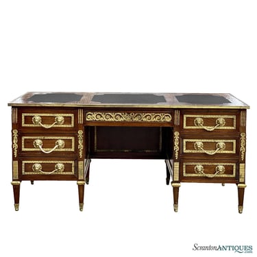 Antique French Rococo Leather Top Executives Library Desk w/ Brass Ormolu
