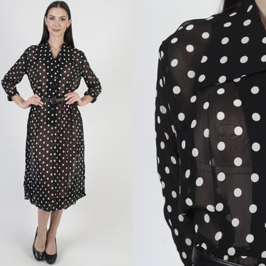 Black Sheer Wear To Work Dress, White Polka Swiss Dot, Thin Secretary Outfit, See Through Material 