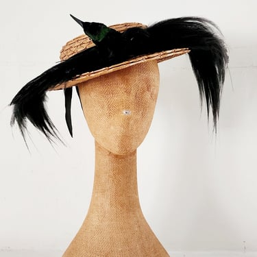 Antique Edwardian Straw Hat w/Black Bird Head & Feathers 