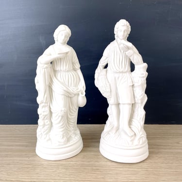 Victorian parian ware couple reading figurines - romantic decor 