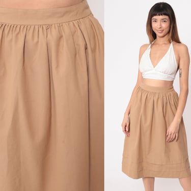 Tan Midi Skirt 80s Gathered Waist Straight Skirt High Waisted Retro Simple Plain Secretary Skirt Pleated Simple Vintage 1980s Small 