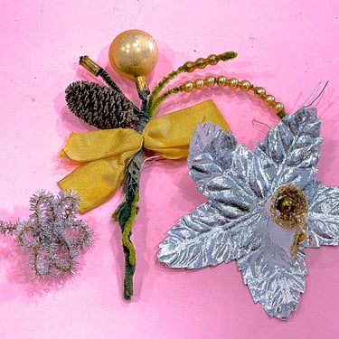 VINTAGE: Gold Christmas Craft Finds - Picks Stems - Chenille Mercury Bead Picks, Glass Bulb Bow Corsage Flower Arrangements 