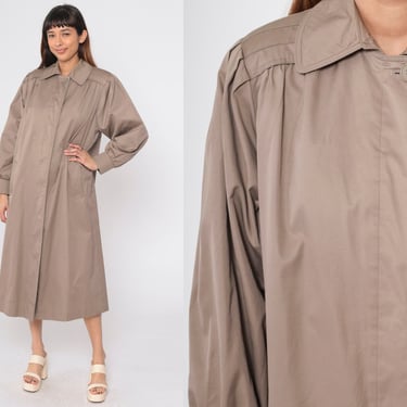 80s Trench Coat Taupe Puff Sleeve Single Breasted Button Up Jacket Beltless Longline 1980s Vintage Fall Long Midi Vintage Khaki Large 12 