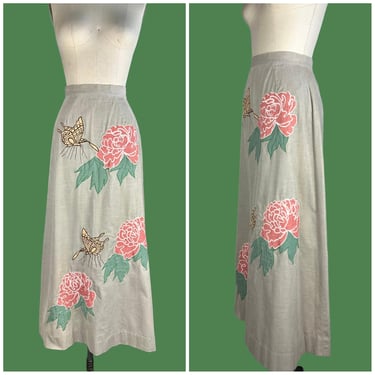 WHITE DUCK WORKSHOP 70s Vintage Maxi Skirt | 1970s Long Floral | Made in Berkeley | Corduroy Butterfly and Flower Applique | Size X-Small 