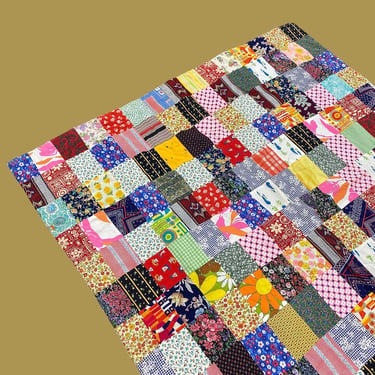 Vintage Patchwork Quilt 1980s Retro Size Twin 78x66 + Bohemian Farmhouse + Handmade + Vintage Fabric + Rectangular + Bedding + MCM Textile 