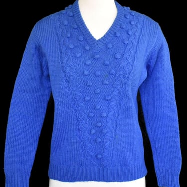 Vintage 50s Blue Pullover Sweater, Designer Phil Rose California, Wool Mixed Knit, Bobble Pom Pom Embellishment, Size S to M, Small Medium 