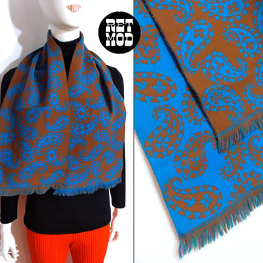 Psychedelic Vintage 80s Blue & Brown Paisley Reversible Wool Statement Scarf 