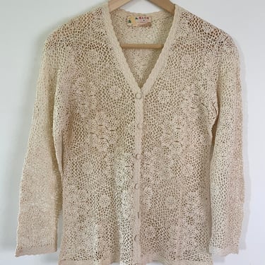 Vintage Ecru Hand Made Crochet Lace Cardigan - 1960s Macrame Style V Neck Top - 100% Cotton - Shanghai 