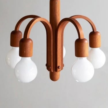 Domus CANDELA Teak wood ceiling Lamp midcentury 5 arm chandelier by Domus 60s 