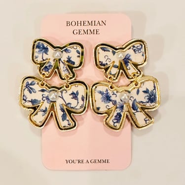 Sample Sale Blue &amp; White Floral Bow Earrings