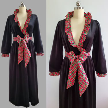 1980s Velvet Robe wit Plaid Taffeta Trim and Belt by Komar - 80s Sleepwear - 80s Loungewear - Women's Vintage Size Small 