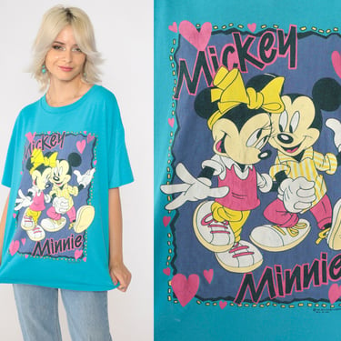 Vintage Mickey & Minnie Mouse Shirt 90s Walt Disney TShirt Cartoon T Shirt Turquoise Blue Single Stitch 1990s OS Small Medium Large 