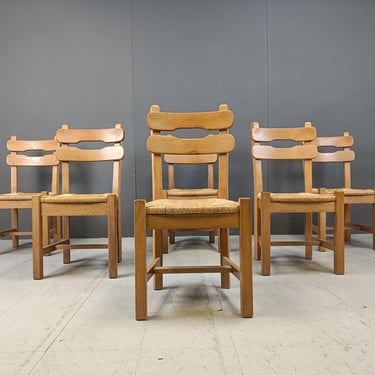 Vintage oak and wicker brutalist dining chairs, 1960s - brutalist dining chairs - vintage dining chairs - oak dining chairs 