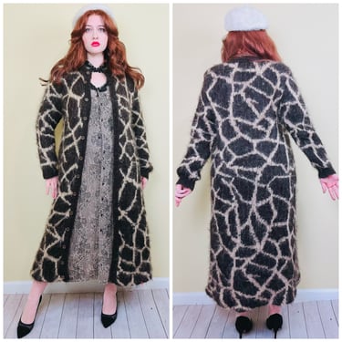1980s Timeless Handcrafts Mohair Animal Print Sweater / 80s / Eighties Giraffe Brown Fuzzy Maxi Duster Coat /  Large 