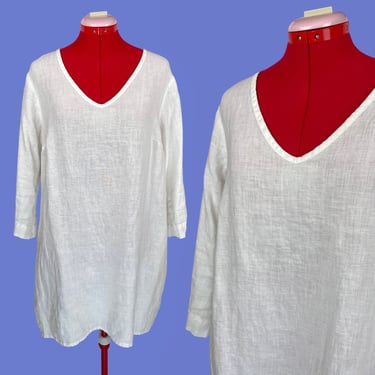 Vintage 90s Flax White Linen Tunic Shift Dress Natural Lagenlook S Gift 