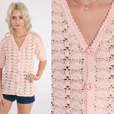 Baby Pink Cardigan 70s Sweater Top Sheer Knit Button Up Cutout Short Sleeve Pointelle Cut Out Spring Pastel Darling Vintage 1970s Small 