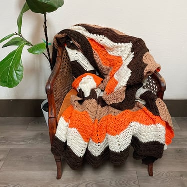 Vintage Handmade Orange & Brown Striped Blanket 78