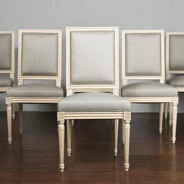 Antique French Louis XVI Style Square Back Painted Dining Chairs - Set of 6 