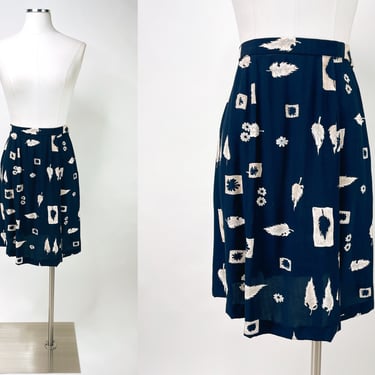 1990s High Waist Navy Blue Flowing A Line Skirt w Abstract Leaf & Daisy Print by Pendleton Small | Vintage, Retro, Spring, Back to School 