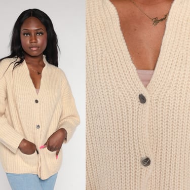 Beige Wool Cardigan 90s Knit Button up Sweater Plain Basic Solid Retro Simple Solid Minimalist Knitwear Vintage 1990s Ann Taylor Medium M 