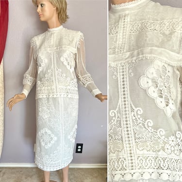 All Lace 2-Pc Dress, Cut Out, Sheer Sleeves, Vintage 70s 80s, Fits XS 