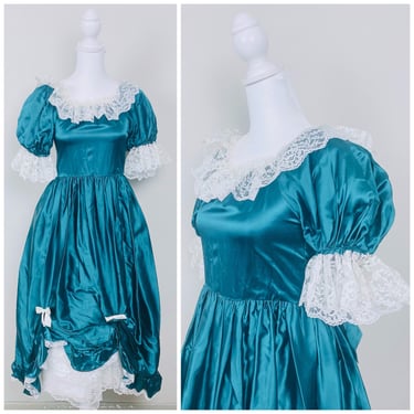 1980s Vintage Loralie Girls Green / Teal Puffed Sleeve Dress / 80s Lace Trim Lolita Southern Belle Gown / Girls Large, Ladies XXS 