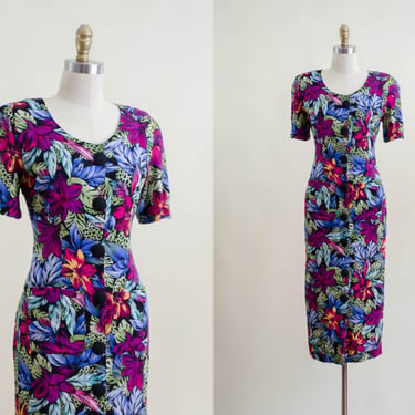 tropical floral dress | 80s vintage purple blue green leaf pattern long bodycon wiggle dress 