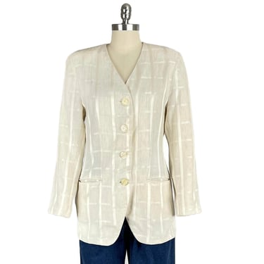 S-M 1980s Cream Collarless Blazer, Long Fitted Off White Jacquard Jacket with Shoulder Pads, 80s Clothes Women Vintage PETITE SOPHISTICATE 