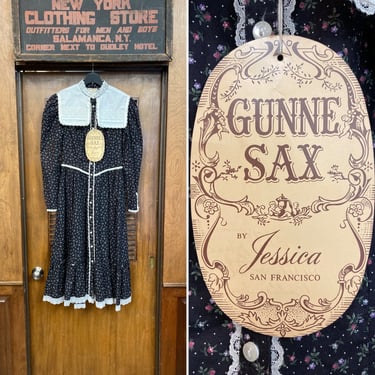 Vintage 1970’s Size 9 Gunne Sax By Jessica Prairie Boho Black Background Festival Lace Floral Dress, Hippie, Gunne Sax, Prairie Dress, 