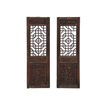 Pair Chinese Vintage Restored Wood Brown Flower Carving Wall Hanging Art ws3648E 