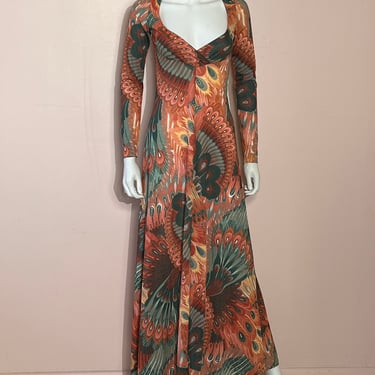 Vtg 1970s John Kloss Peacock Print Maxi Dress 