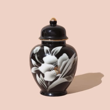 Vintage Black Floral Jar with Gold Accents, Vintage Japanese Porcelain 