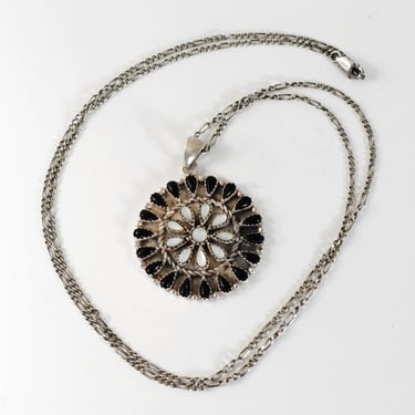 80's 925 silver onyx Mother of Pearl flower shield pendant, Southwestern satin sterling black & white hippie necklace 