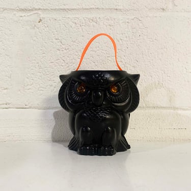 Vintage Hard Plastic Halloween Party Favor Black Owl Toy Candy Container Bucket Bag Small Handle 1970s 1980s 