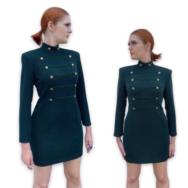 Vtg Vintage 1990s 90s Hunter Forest Dark Emerald Green Military Style Mini Dress 
