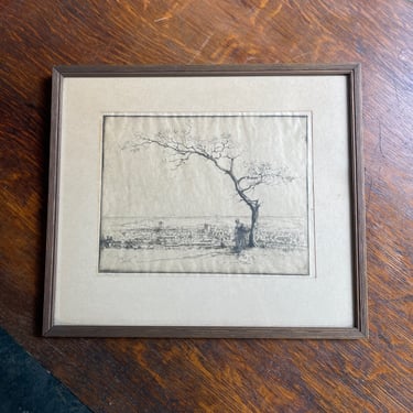 Antique Lithograph Etching Countryside Tree Maiden 
