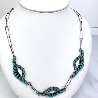 Vintage Zuni Petit Point Turquoise Sterling Silver Link Necklace Open Linked Chain 