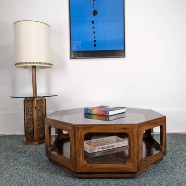 Large MCM Lane Style Walnut Octagon Coffee Table with Smoked Glass Top