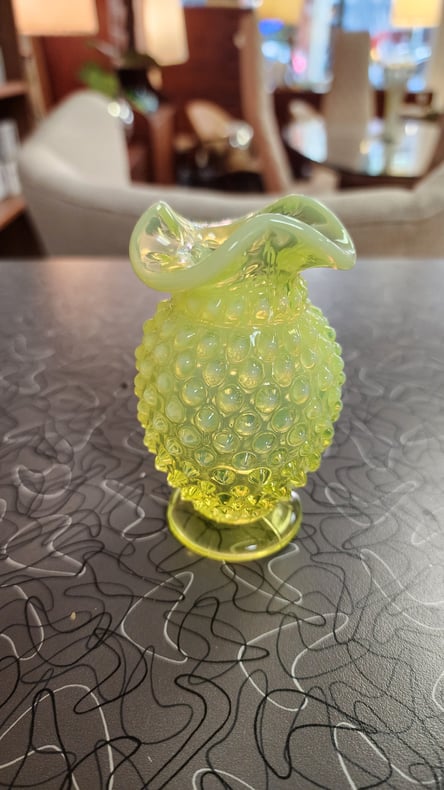 Rare Fenton Topaz Glow Vaseline Hobnail Mini Vase