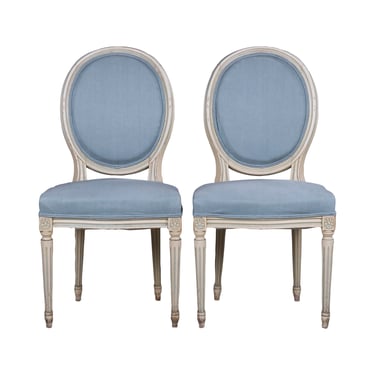 Antique French Louis XVI Style Painted Side Chairs W/ Light Blue Linen - A Pair 