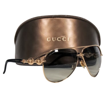 Gucci - Brown Lens Gold Aviator Frame Sunglasses w/ Chain Link Leg Detail