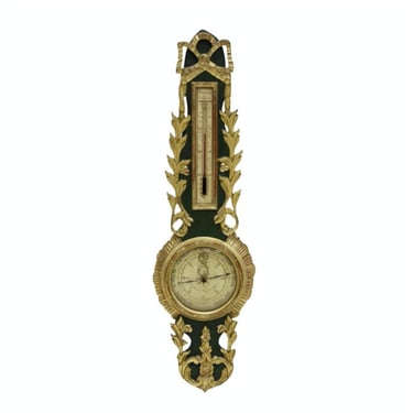 Large 18th/19th Century French Louis XVI Selon Torricelli Carved Painted Green Giltwood Antique Wall Barometer & Thermometer 